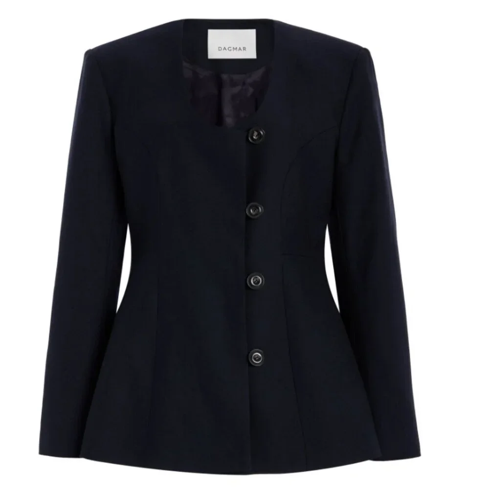 House of Dagmar Navy Collarless Wool-Blend Blazer size 32 - Picture 2 of 7